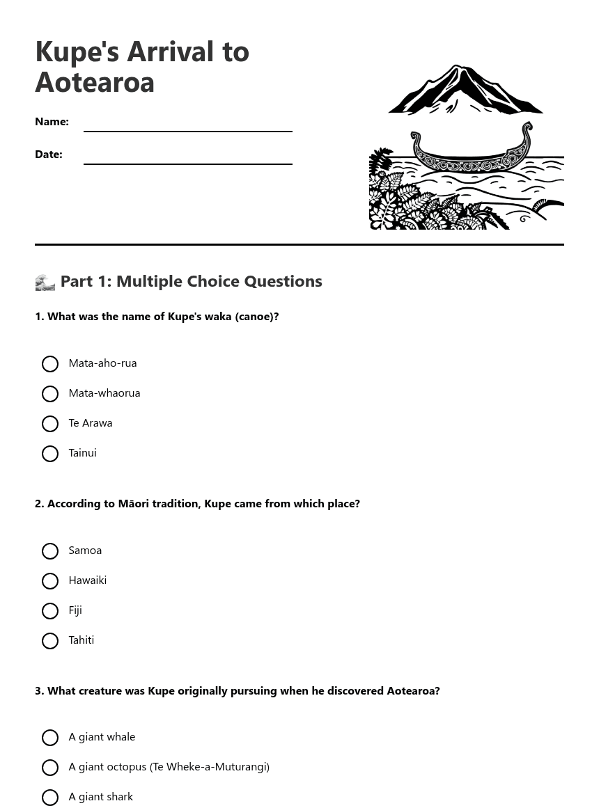 Kupe's Arrival to Aotearoa worksheet preview