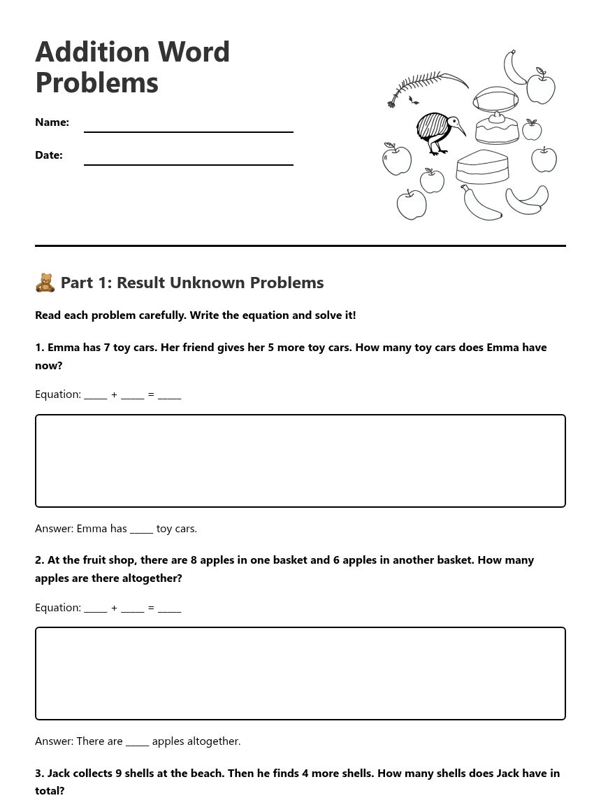 Addition Word Problems worksheet preview
