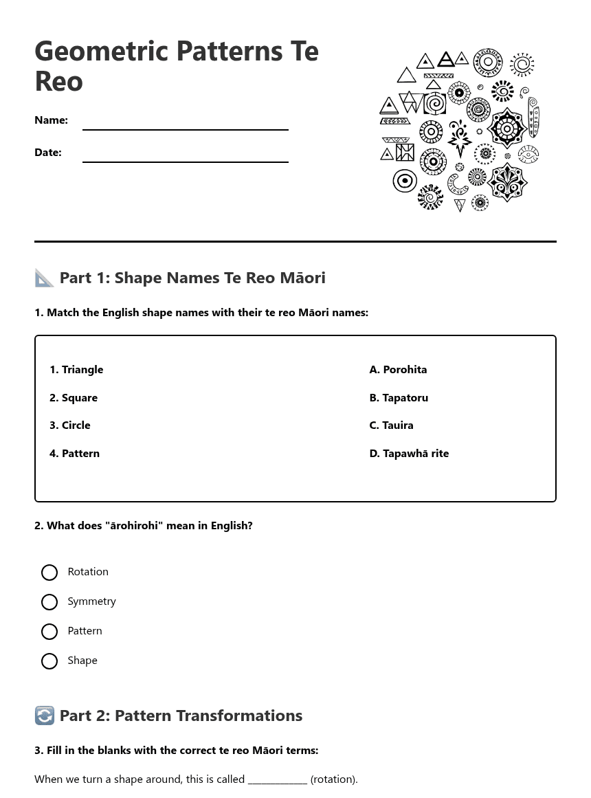 Geometric Patterns Te Reo worksheet preview