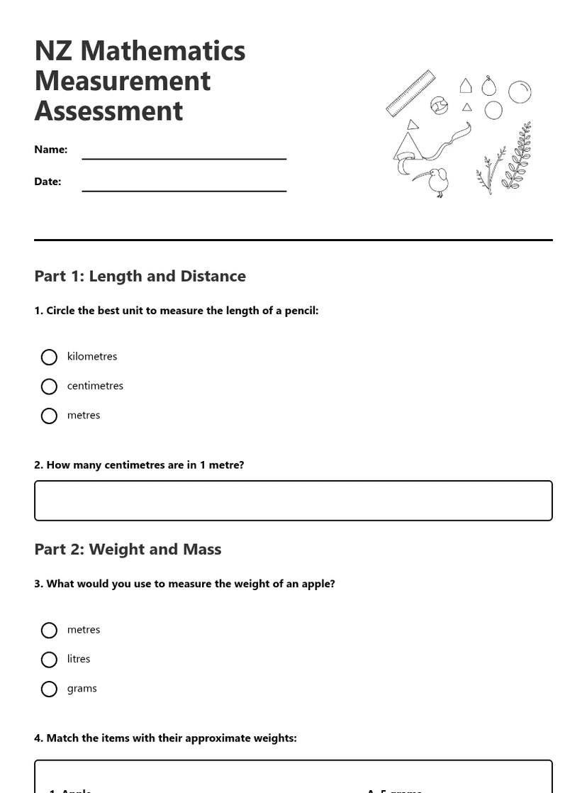 NZ Math Measurement Assessment