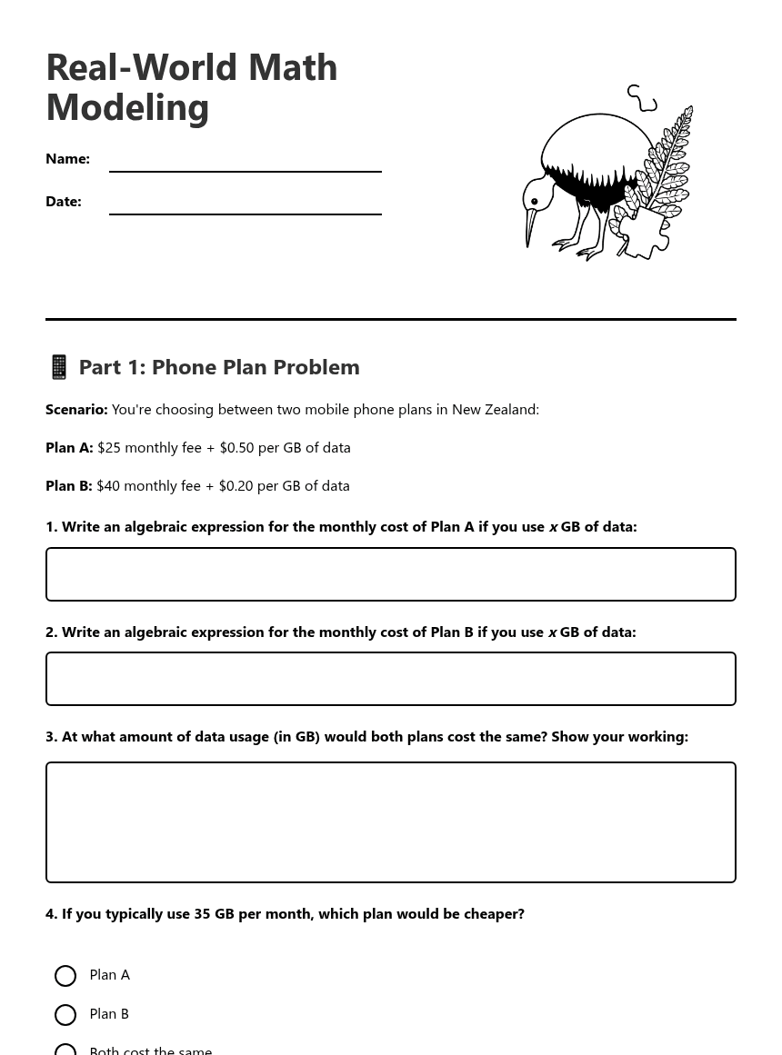 Real-World Math Modeling worksheet preview