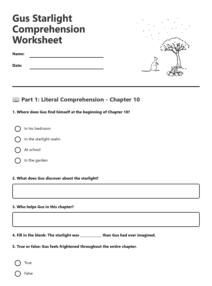 Gus Starlight Comprehension Worksheet worksheet preview