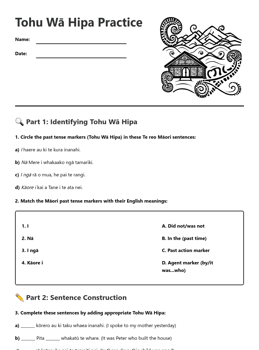 Tohu Wā Hipa Practice worksheet preview