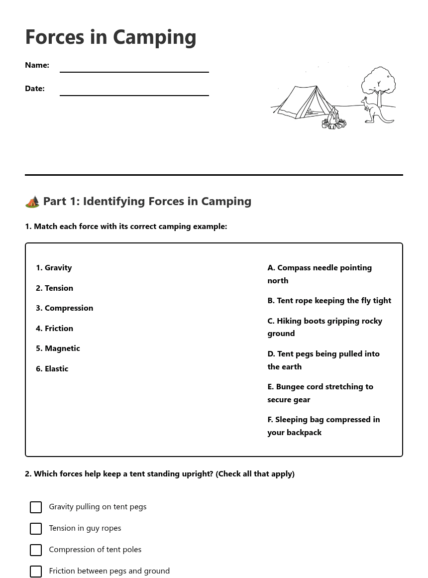 Forces in Camping worksheet preview