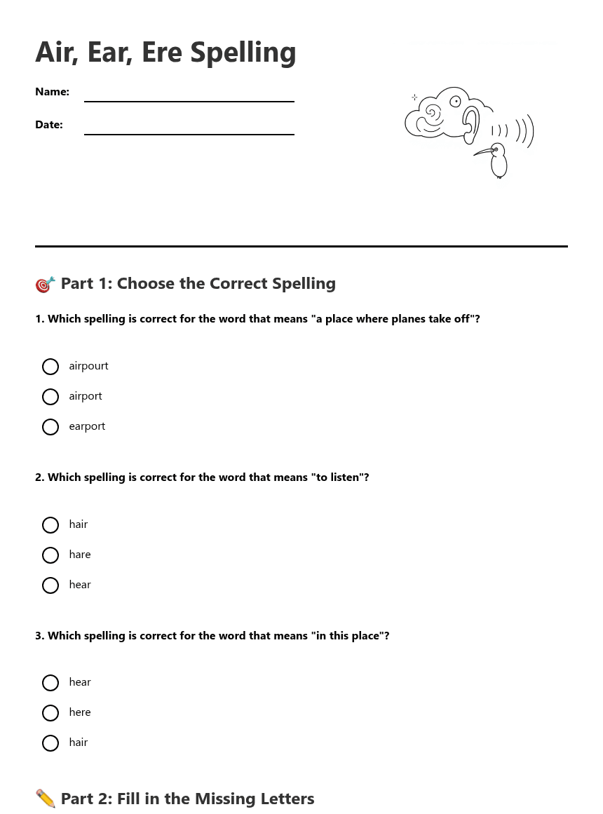 Air, Ear, Ere Spelling worksheet preview
