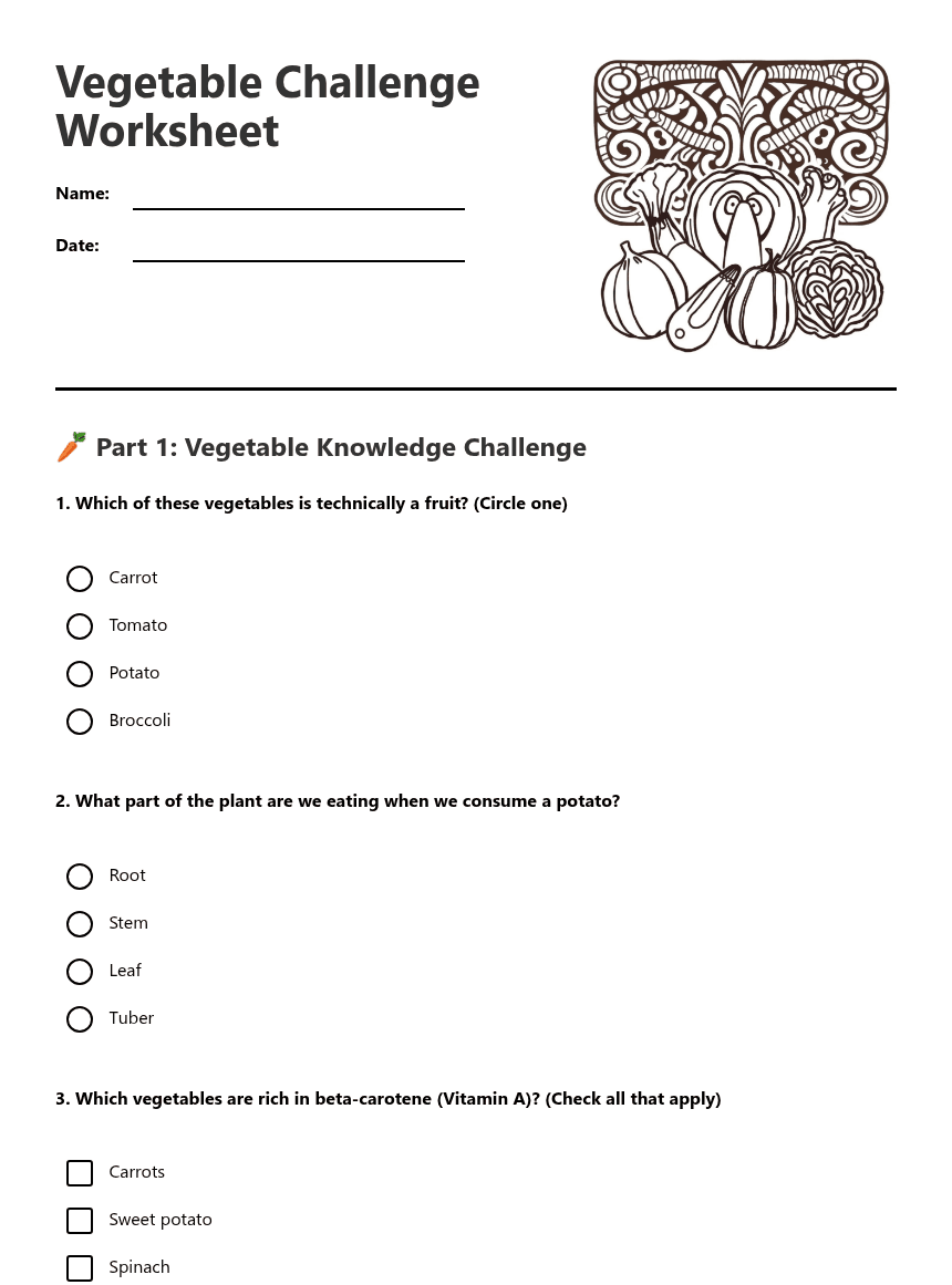 Vegetable Challenge Worksheet worksheet preview