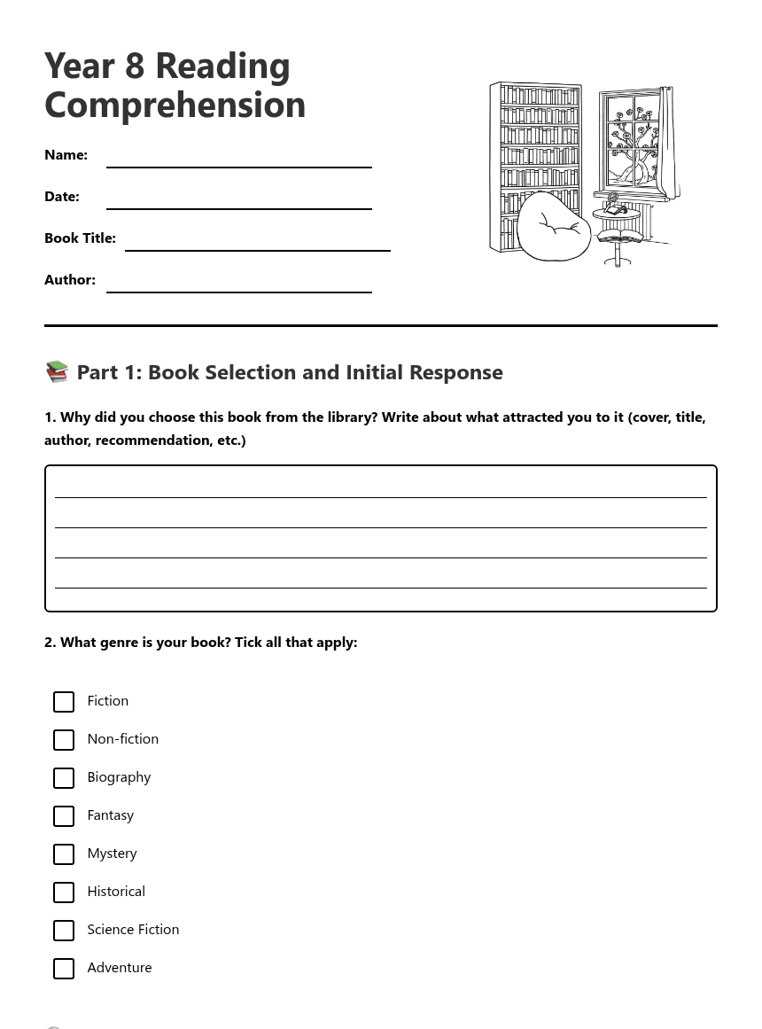 Year 8 Reading Comprehension worksheet preview