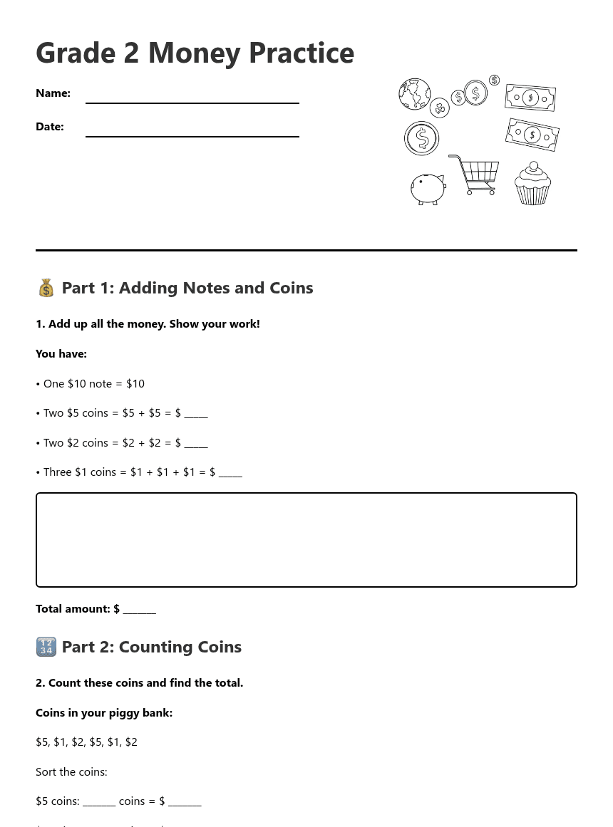 Grade 2 Money Practice worksheet preview