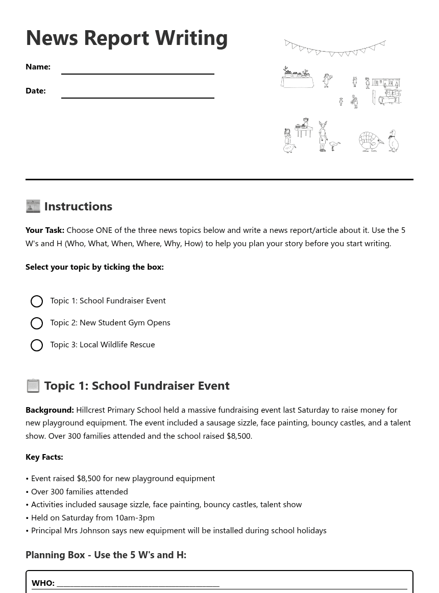 News Report Writing worksheet preview