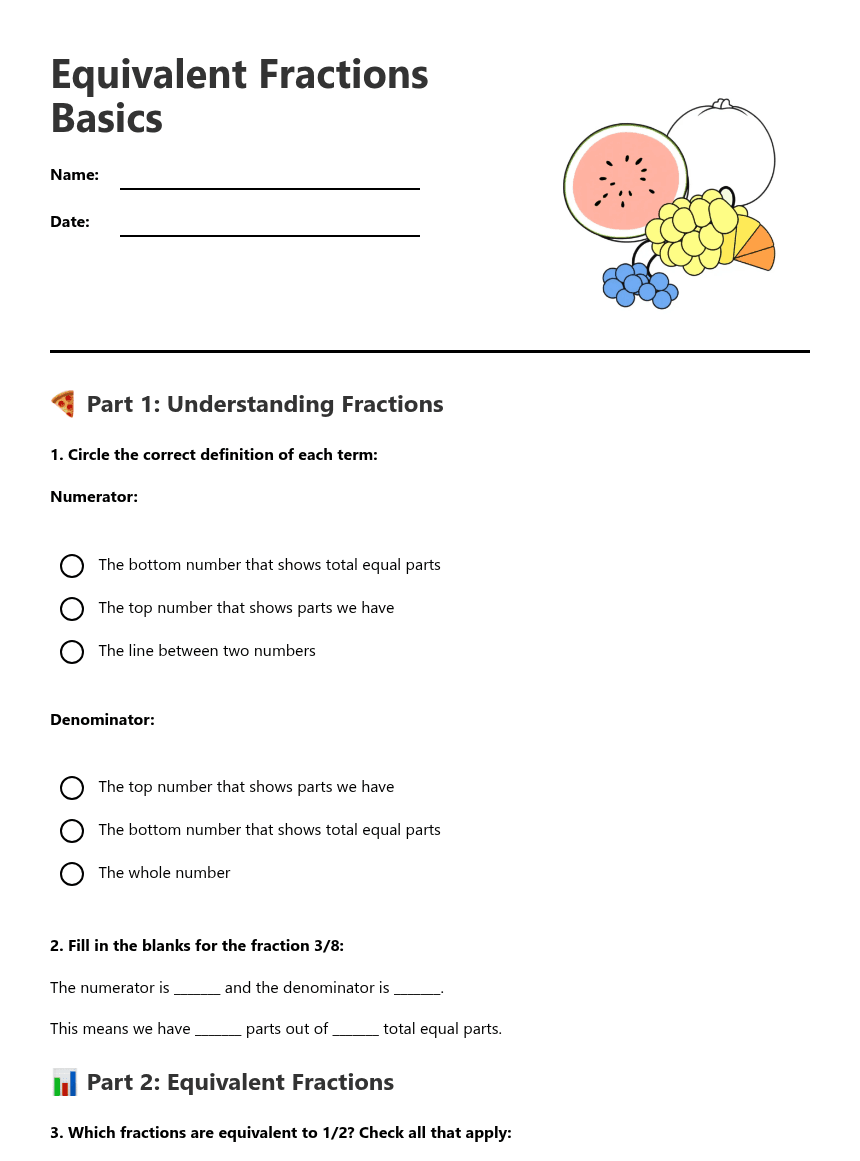 Equivalent Fractions Basics worksheet preview