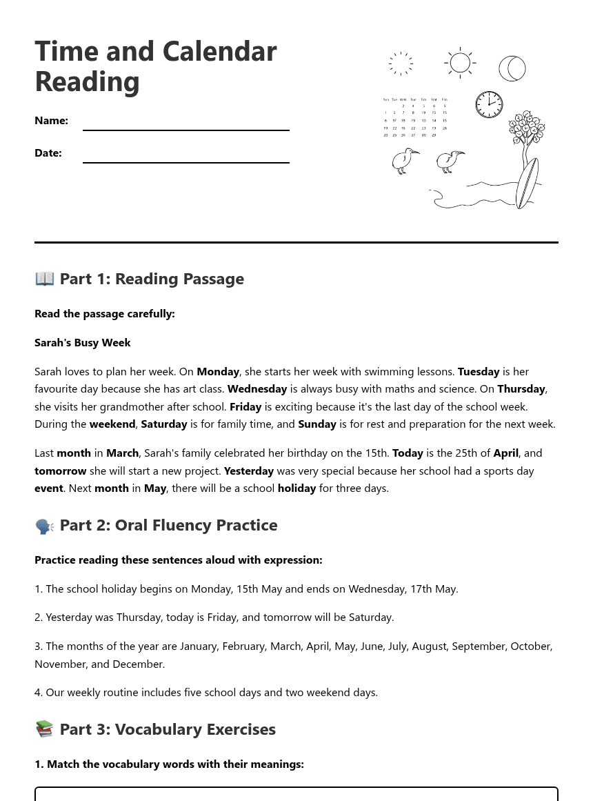 Time and Calendar Reading worksheet preview
