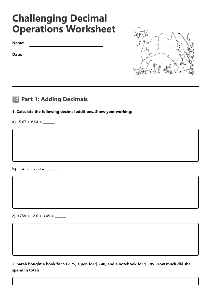 Challenging Decimal Operations Worksheet worksheet preview