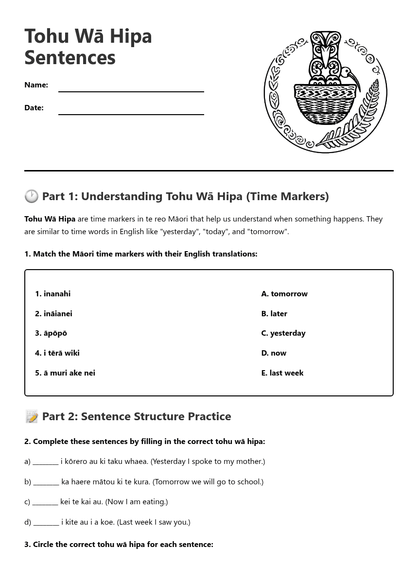 Tohu Wā Hipa Sentences worksheet preview