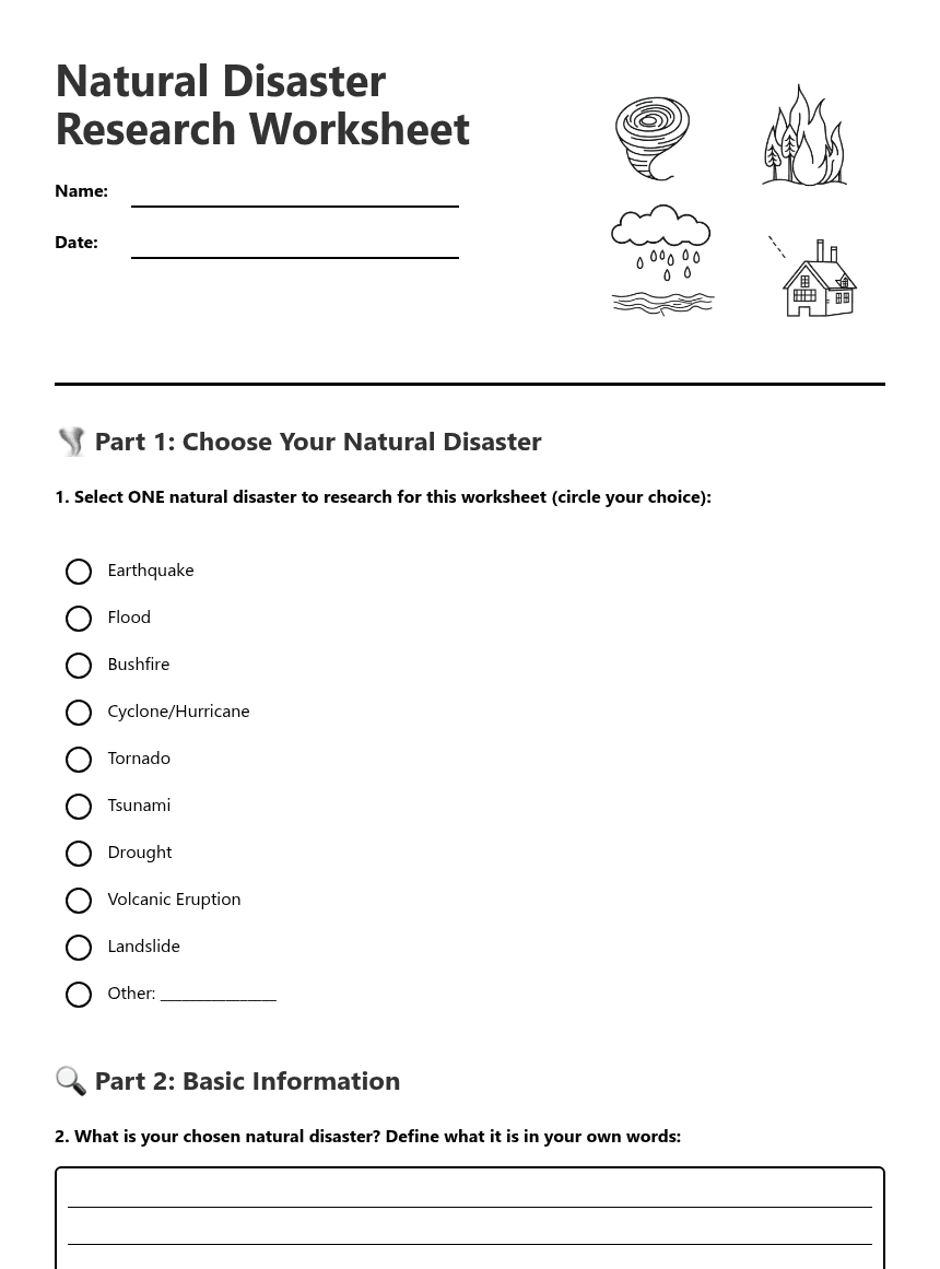 Natural Disaster Research Worksheet worksheet preview
