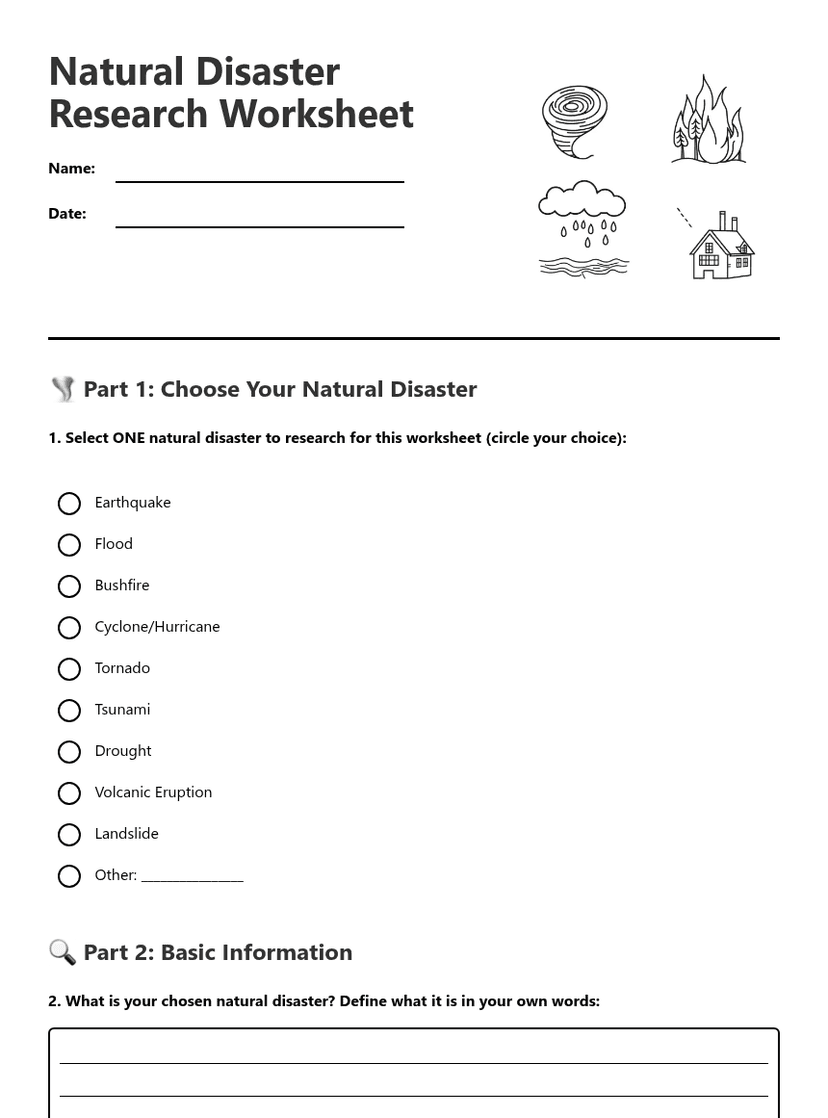 Natural Disaster Research Worksheet