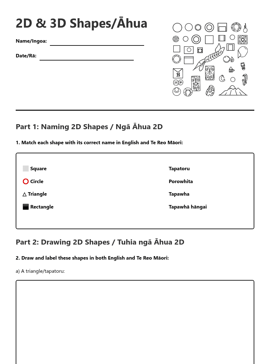 2D & 3D Shapes/Āhua worksheet preview