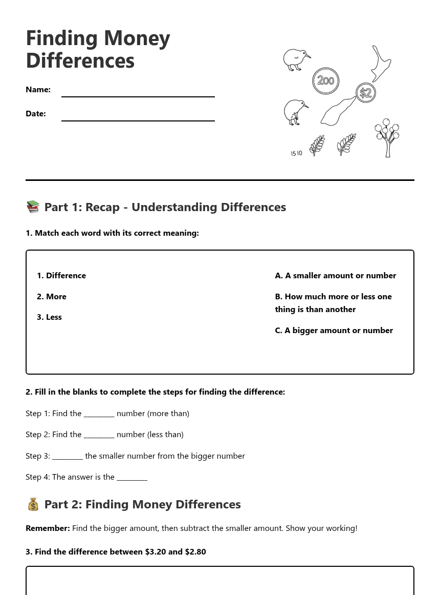 Finding Money Differences worksheet preview