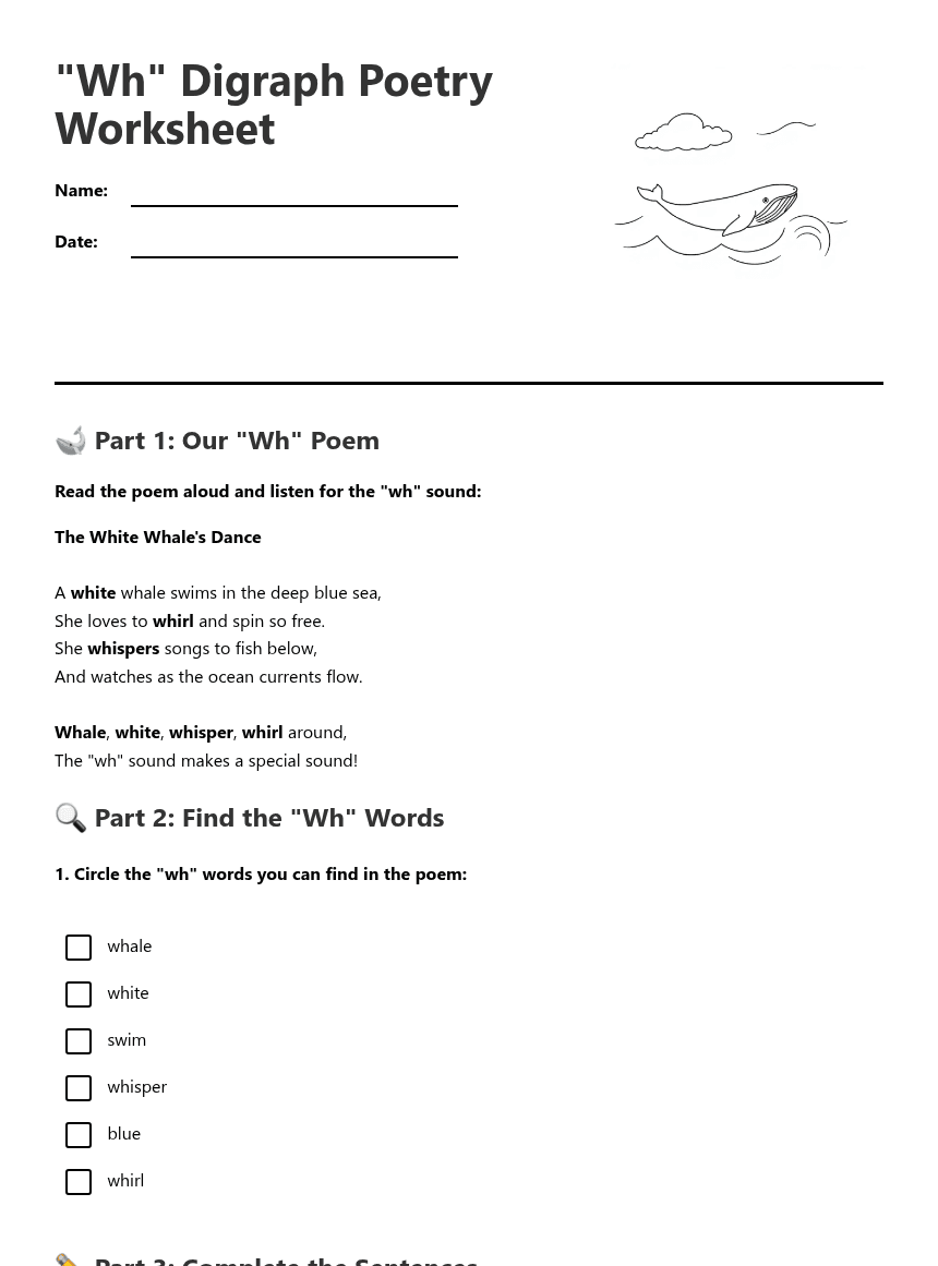 "Wh" Digraph Poetry Worksheet worksheet preview