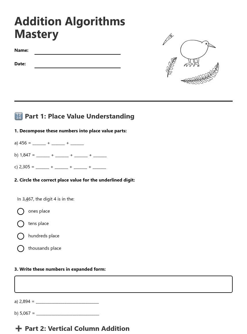 Addition Algorithms Mastery worksheet preview