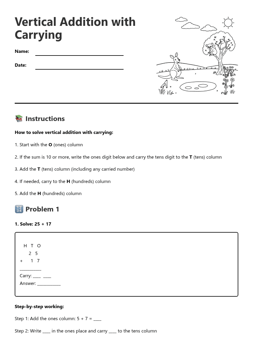 Vertical Addition with Carrying worksheet preview