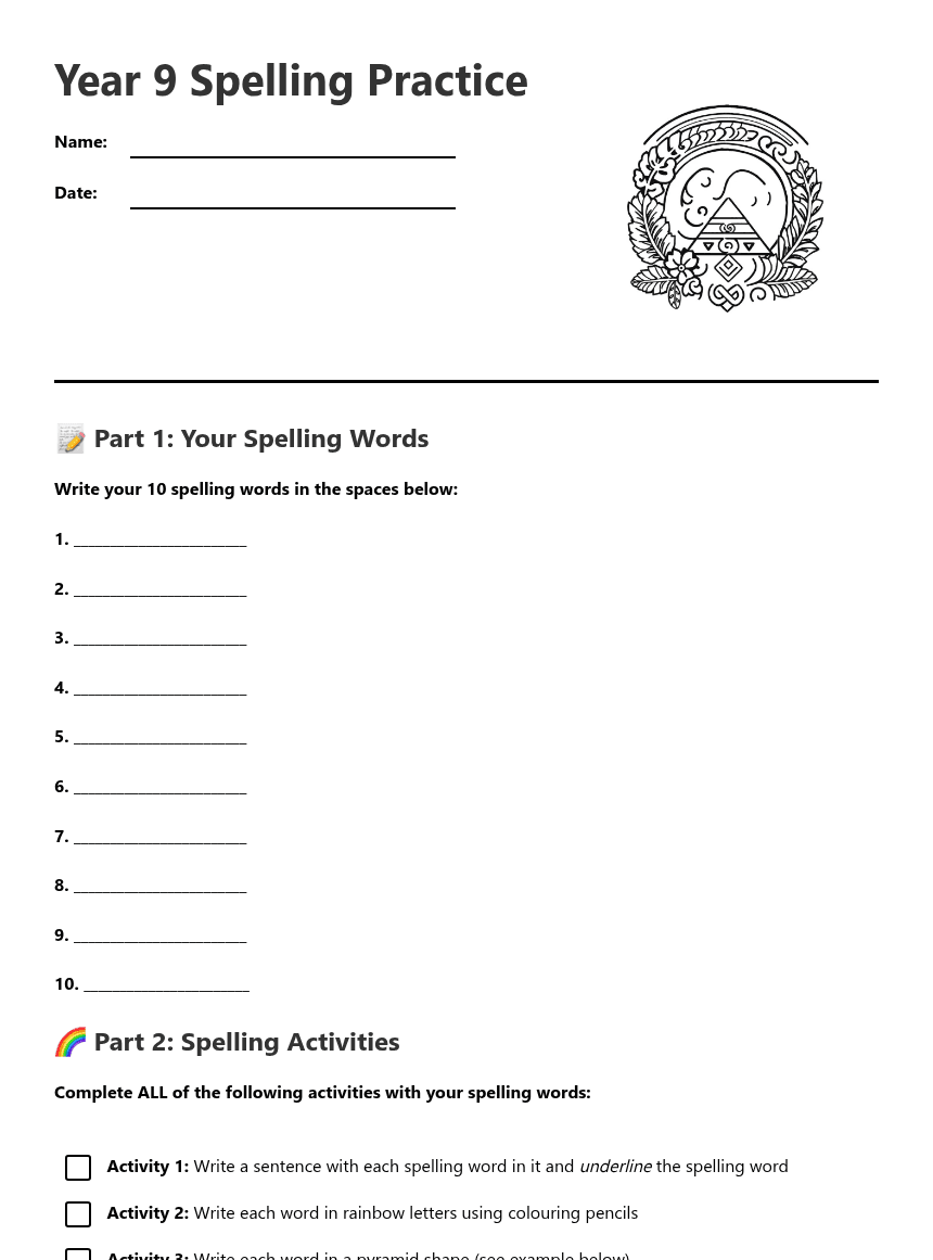 Year 9 Spelling Practice worksheet preview