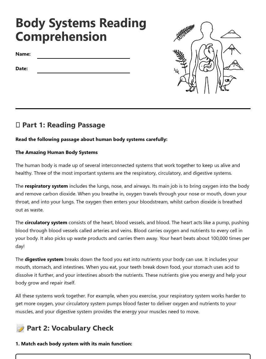 Body Systems Reading Comprehension worksheet preview