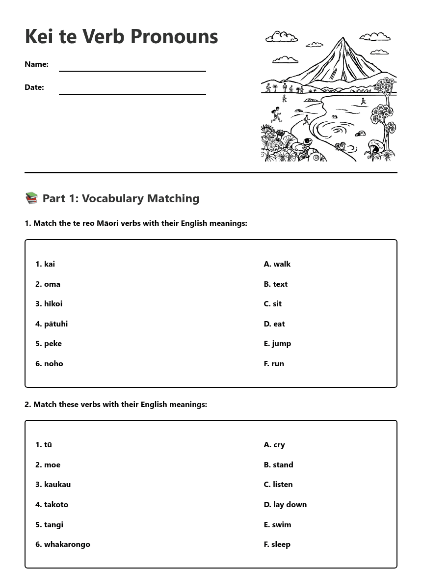 Kei te Verb Pronouns worksheet preview
