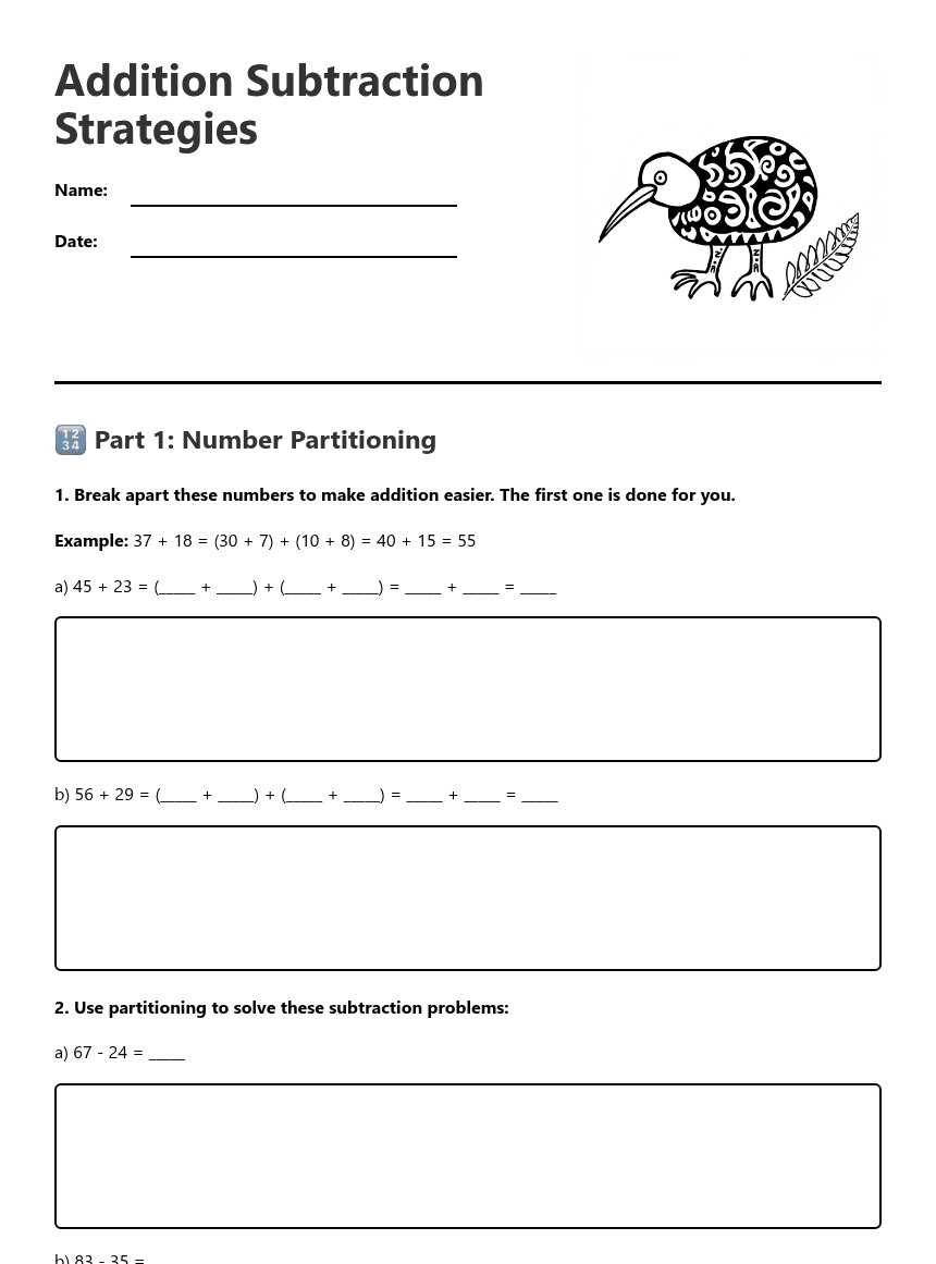 Addition Subtraction Strategies worksheet preview