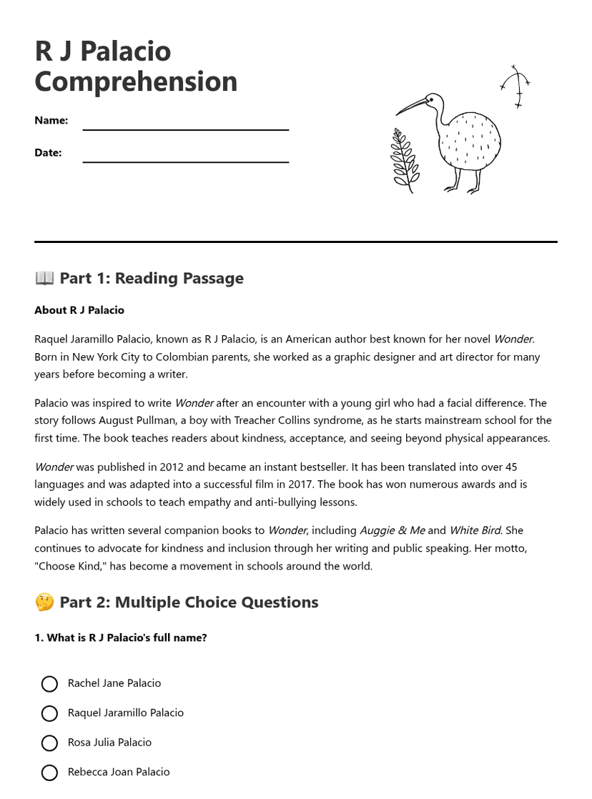 R J Palacio Comprehension