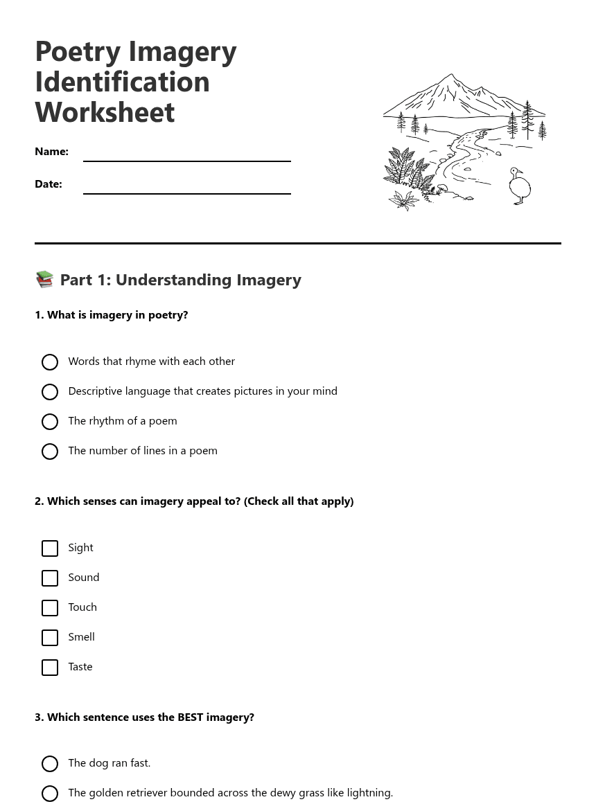 Poetry Imagery Identification Worksheet worksheet preview