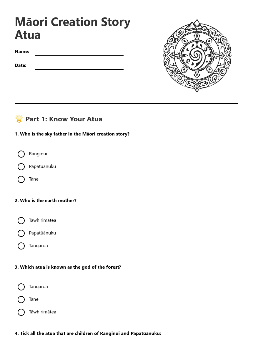 Māori Creation Story Atua worksheet preview