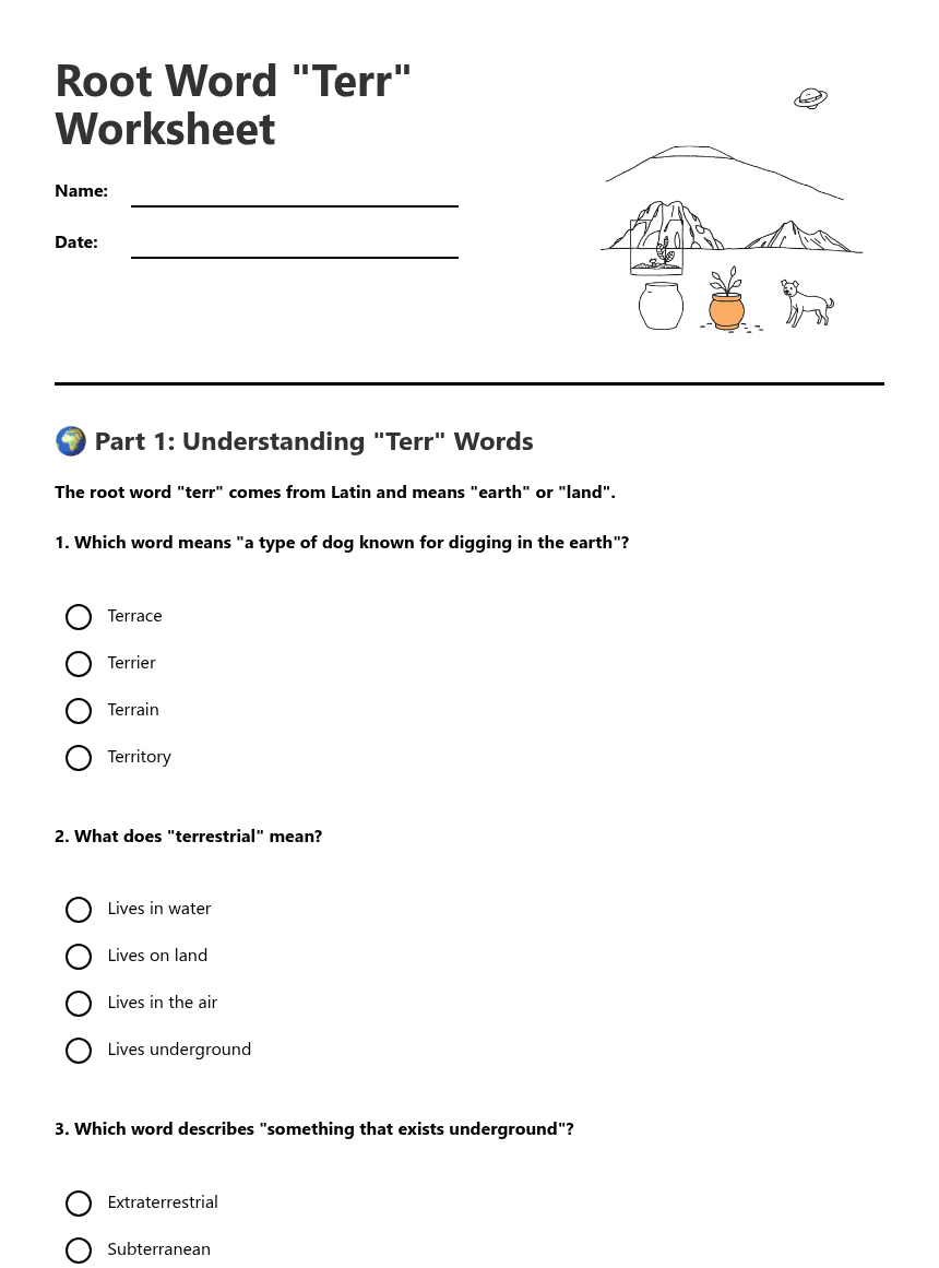 Root Word "Terr" Worksheet worksheet preview