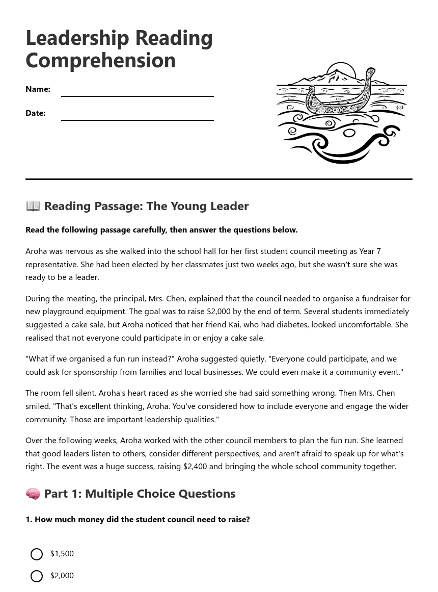 Leadership Reading Comprehension worksheet preview