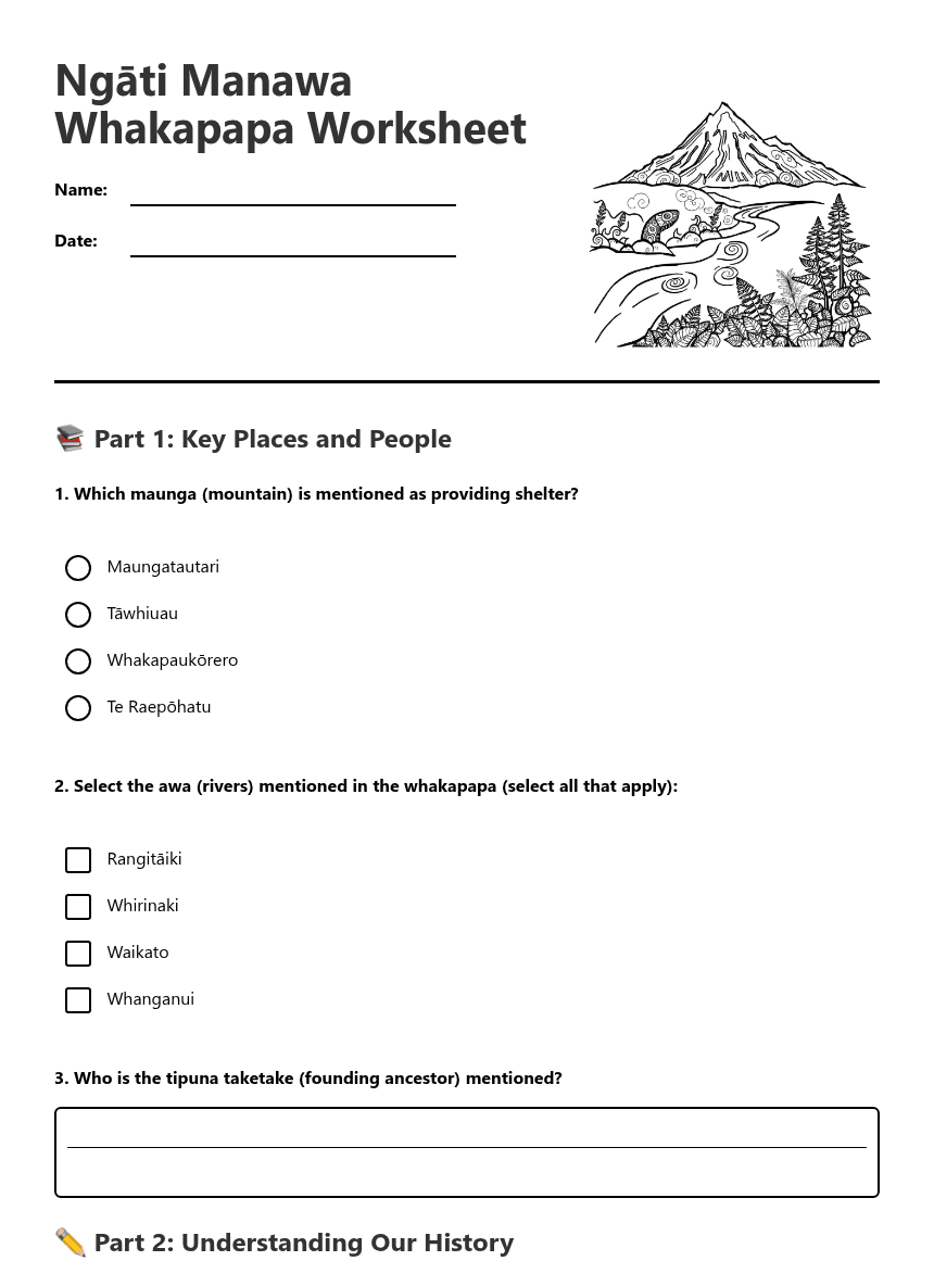 Ngāti Manawa Whakapapa Worksheet worksheet preview