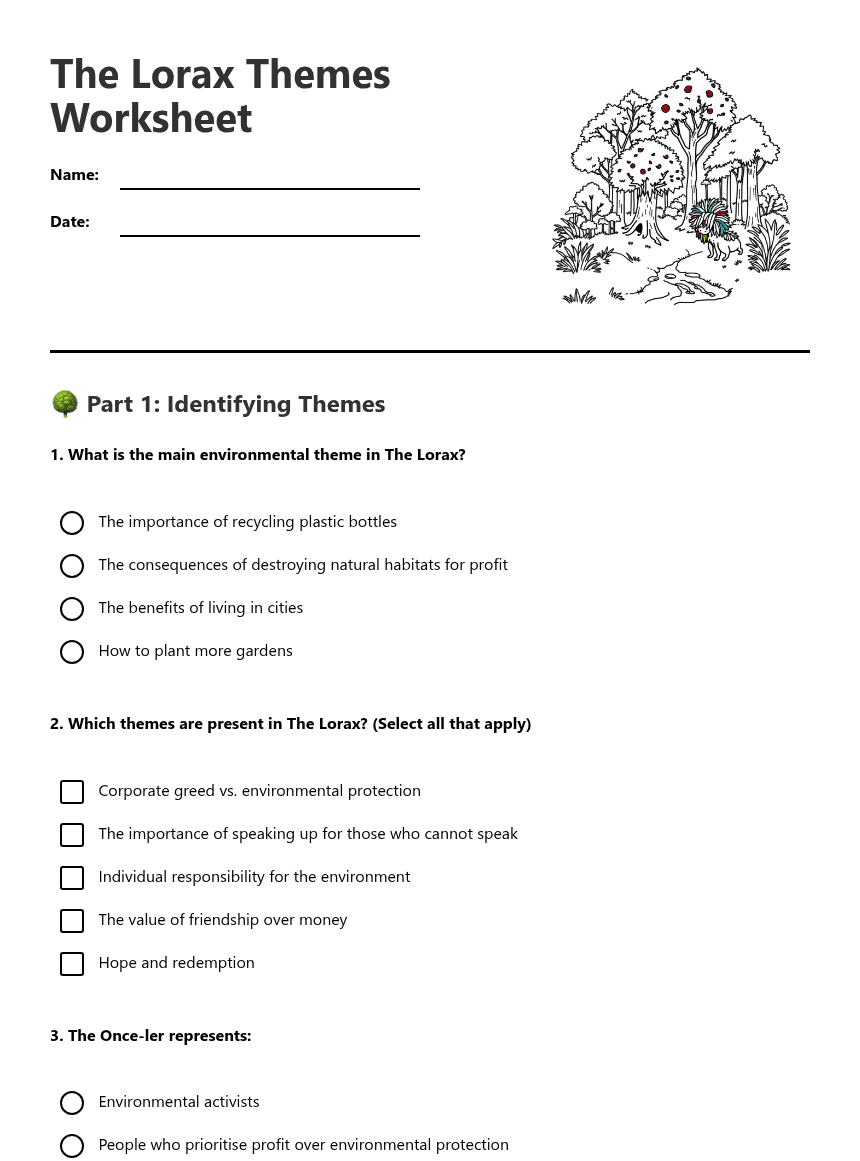 The Lorax Themes Worksheet worksheet preview