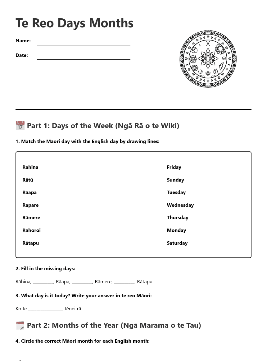 Te Reo Days Months worksheet preview