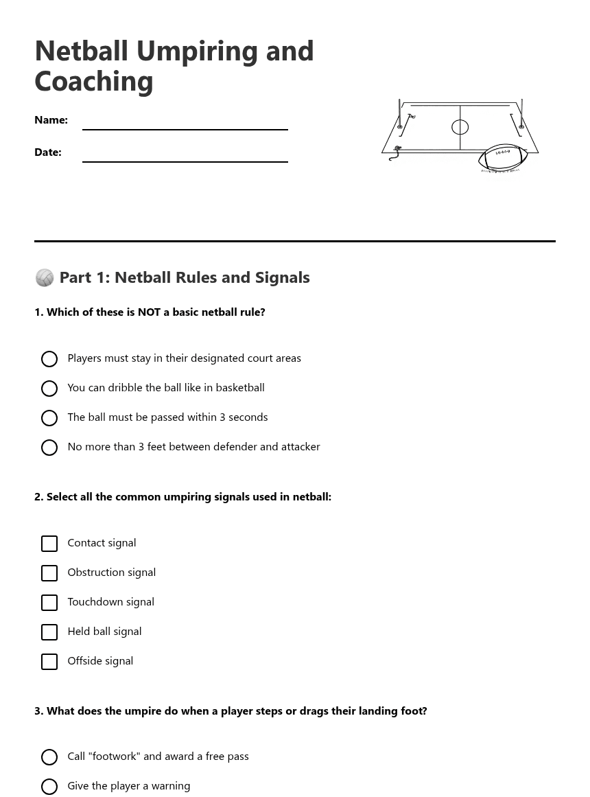Netball Umpiring and Coaching worksheet preview