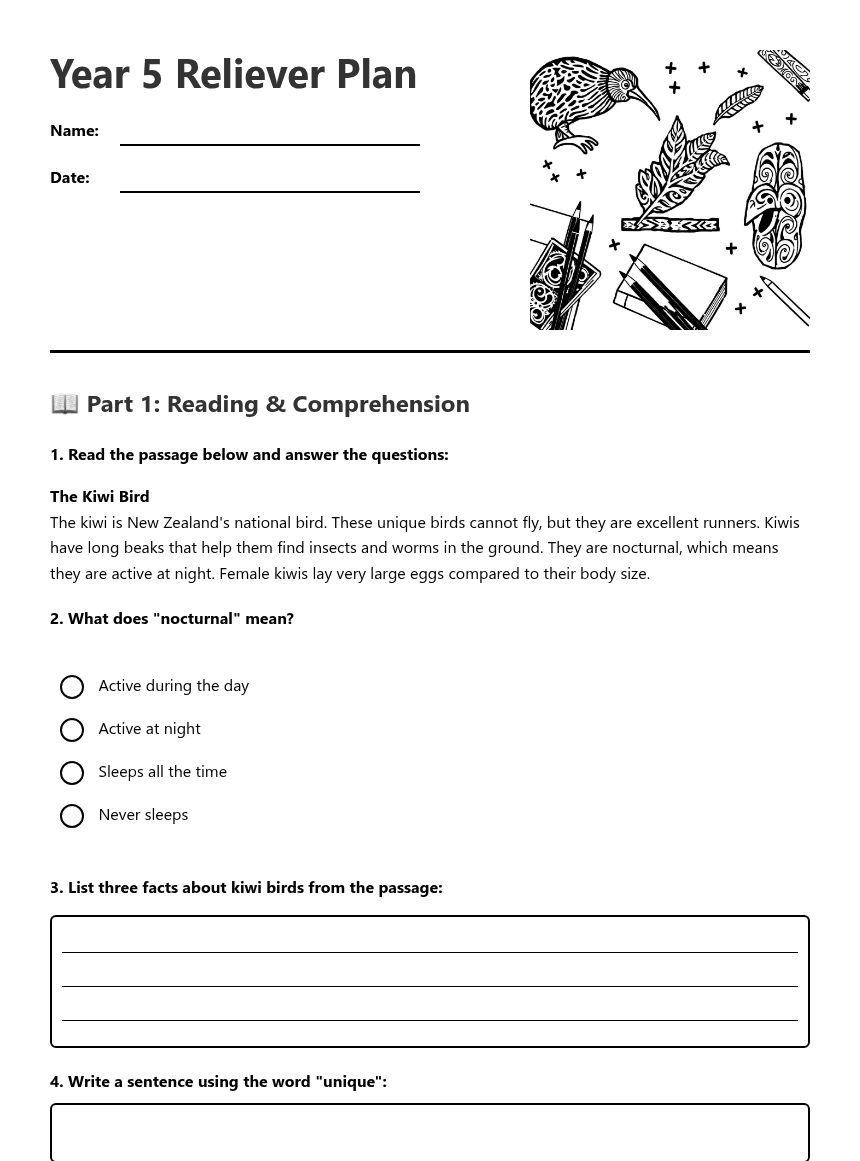 Year 5 Reliever Plan worksheet preview