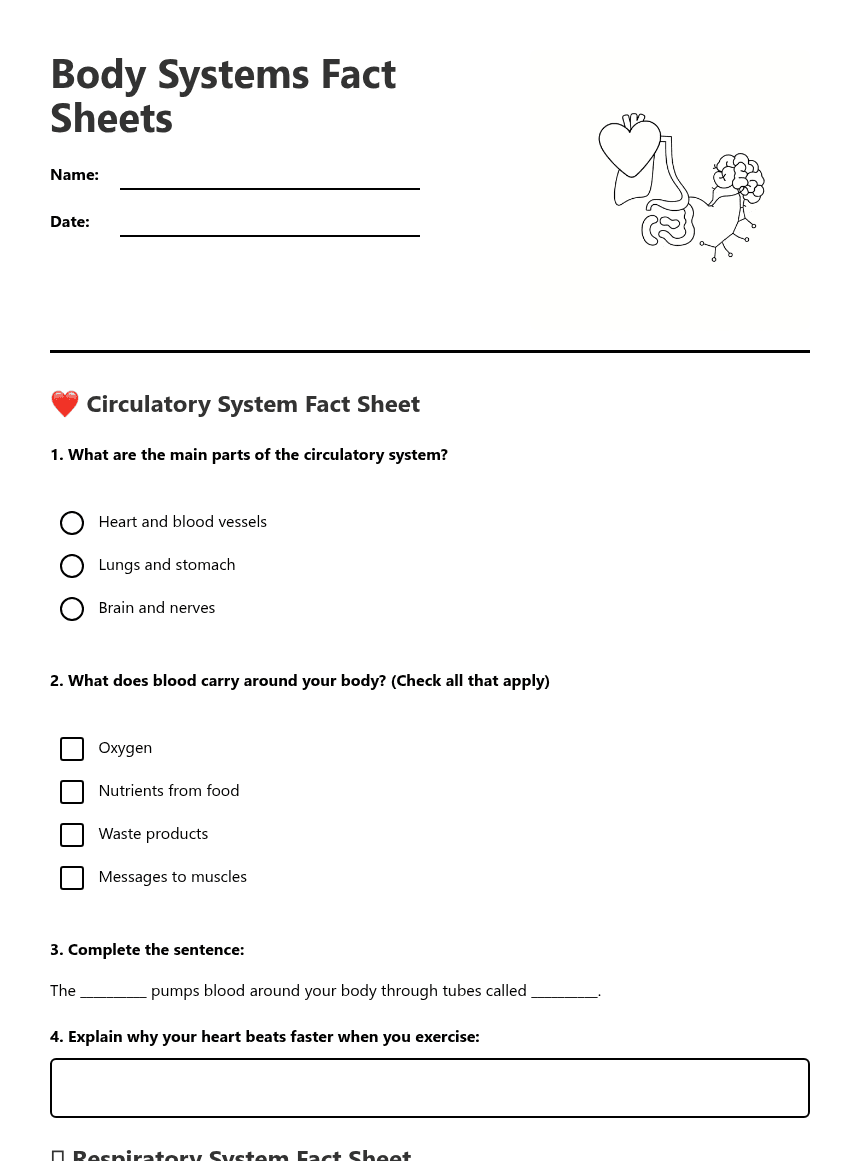 Body Systems Fact Sheets worksheet preview
