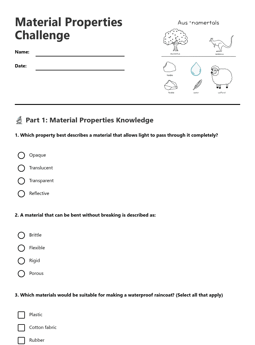 Material Properties Challenge worksheet preview