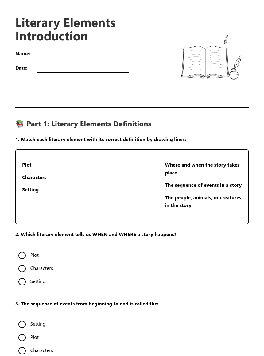 Literary Elements Introduction worksheet preview