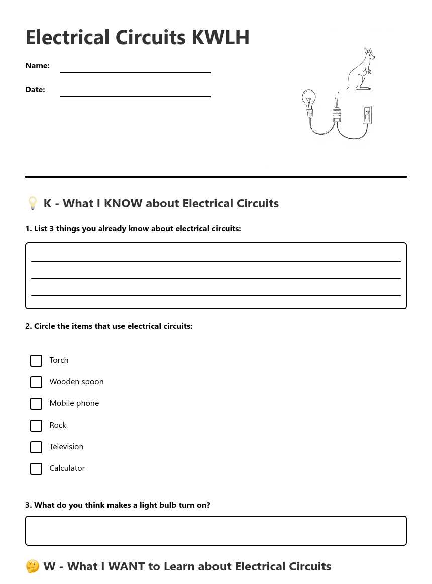 Electrical Circuits KWLH worksheet preview