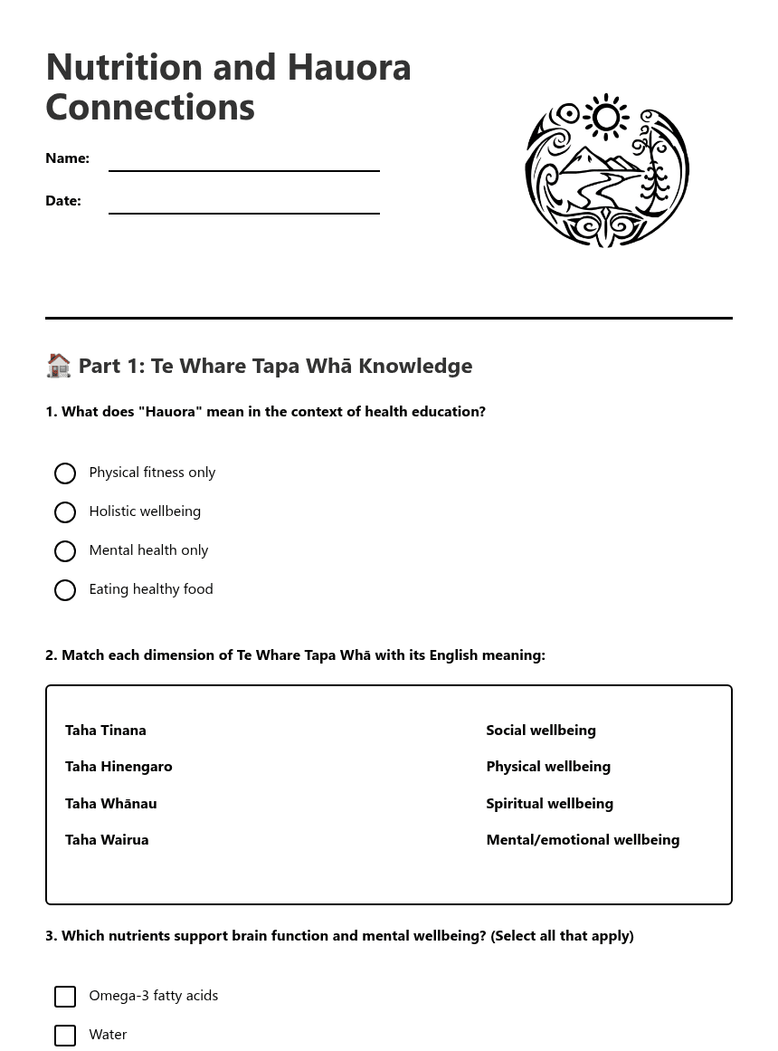 Nutrition and Hauora Connections worksheet preview