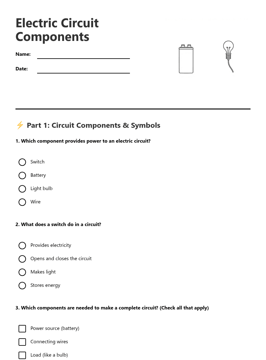 Electric Circuit Components worksheet preview