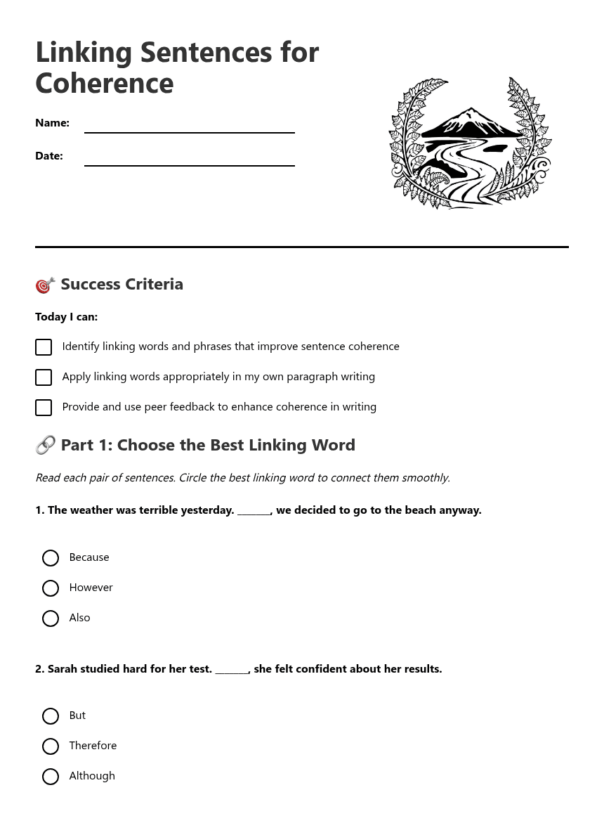 Linking Sentences for Coherence worksheet preview