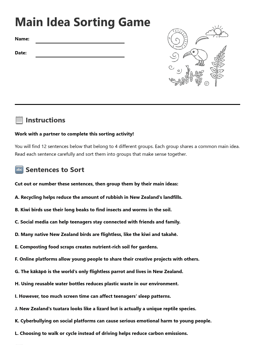 Main Idea Sorting Game worksheet preview