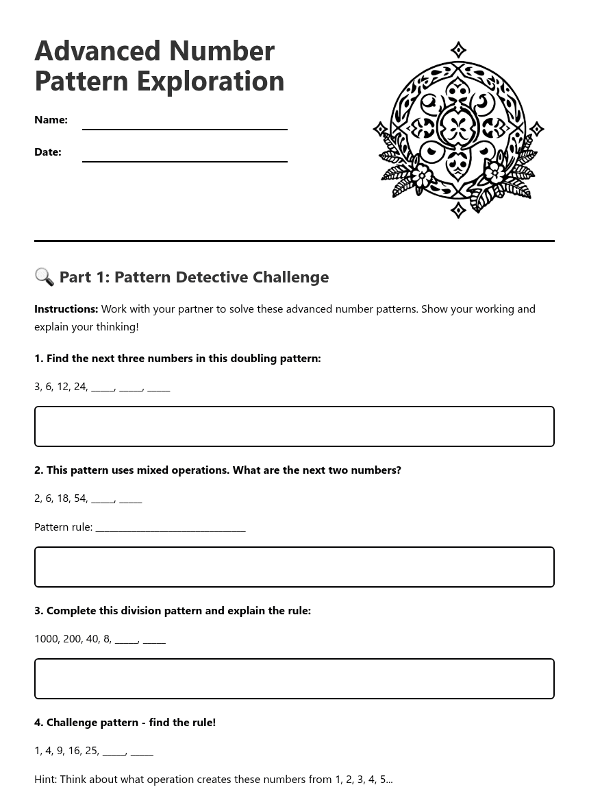 Advanced Number Pattern Exploration worksheet preview