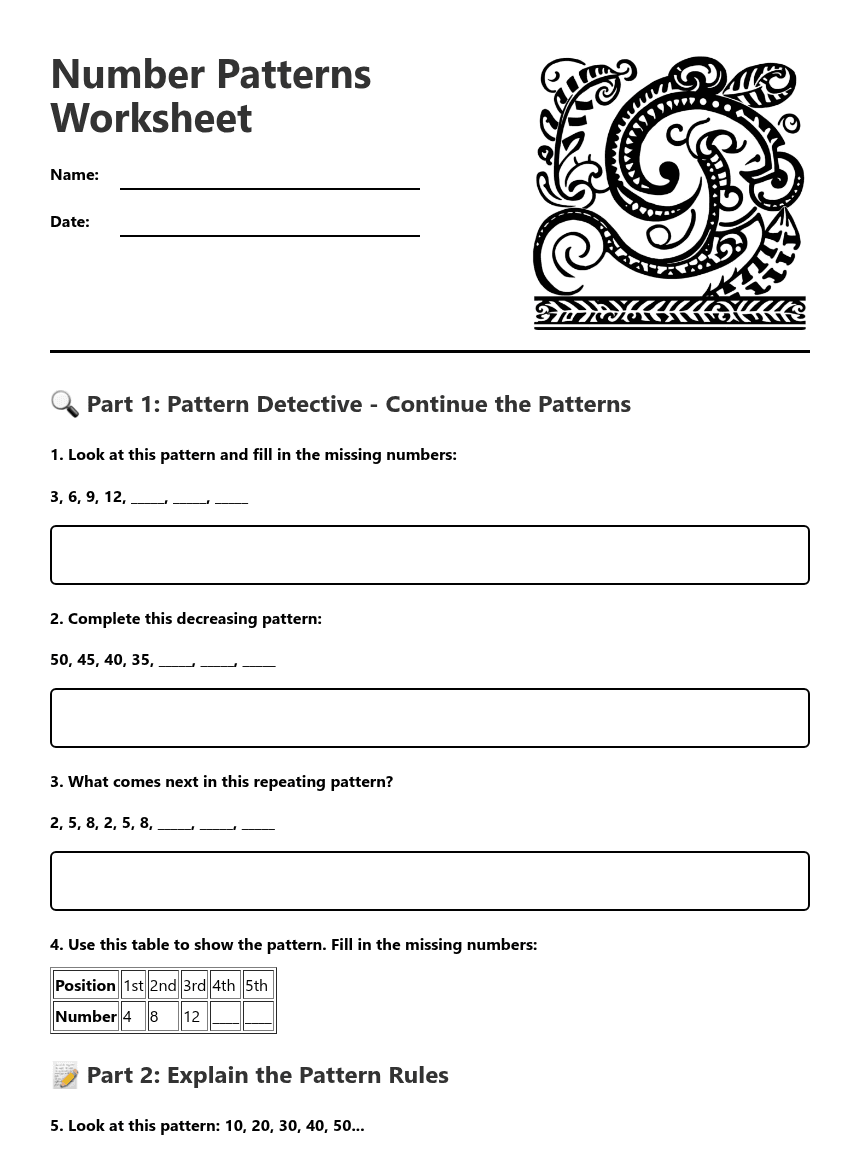 Number Patterns Worksheet worksheet preview