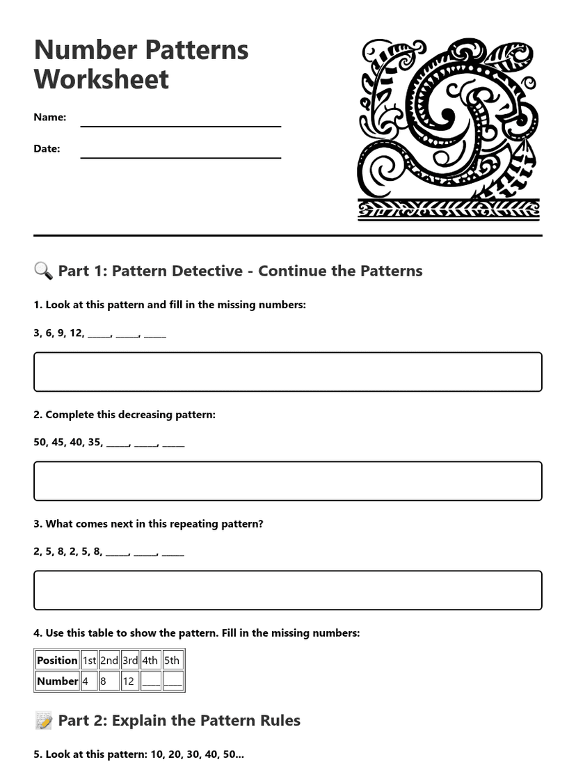 Number Patterns Worksheet