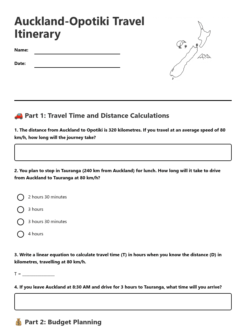 Auckland-Opotiki Travel Itinerary worksheet preview